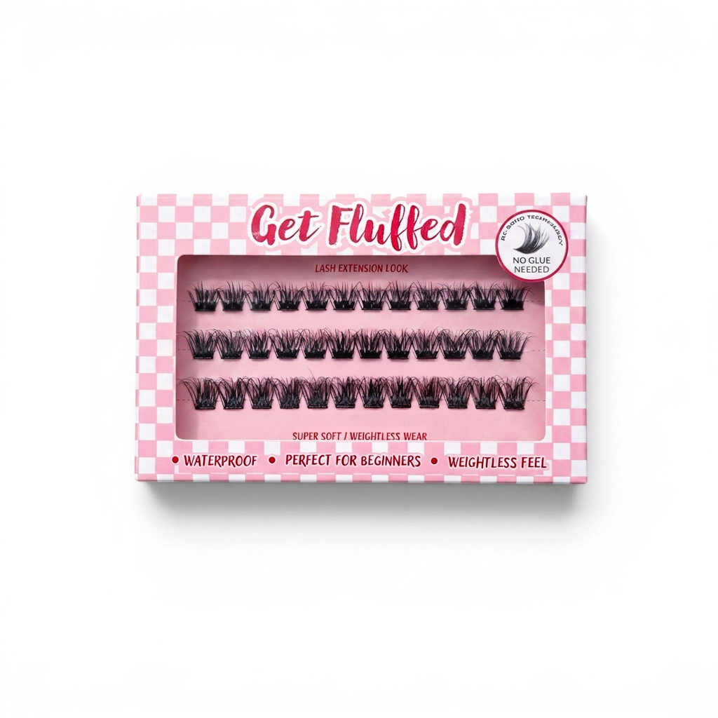 Box of cluster press on eyelashes with 'Get Fluffed' branding on a white background