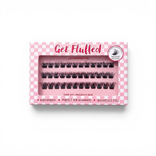 Box of cluster press on eyelashes with 'Get Fluffed' branding on a white background