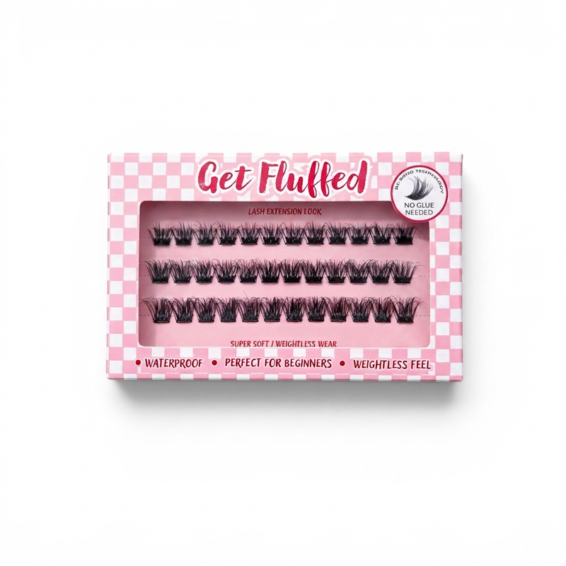 Box of cluster press on eyelashes with 'Get Fluffed' branding on a white background