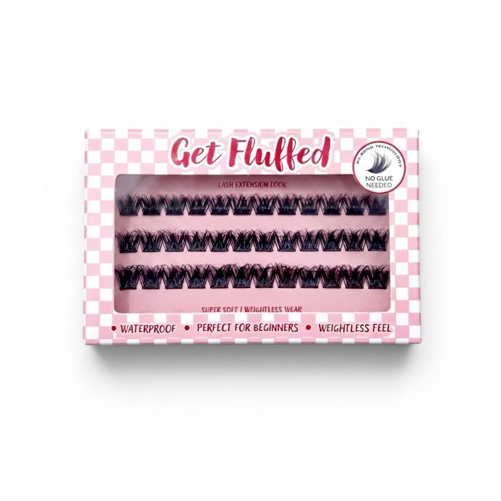 Box of cluster press on eyelashes with 'Get Fluffed' branding on a white background
