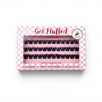 Box of cluster press on eyelashes with 'Get Fluffed' branding on a white background