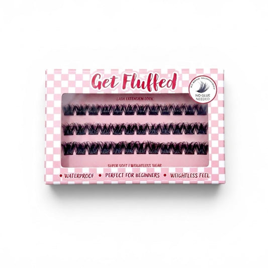 Box of cluster press on eyelashes with 'Get Fluffed' branding on a white background