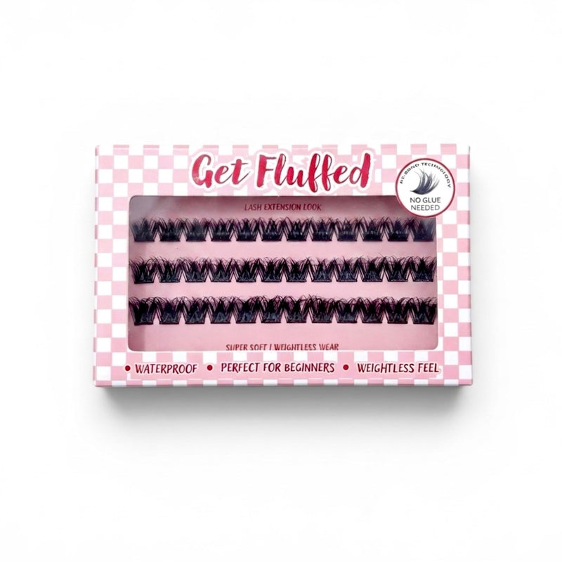 Box of cluster press on eyelashes with 'Get Fluffed' branding on a white background