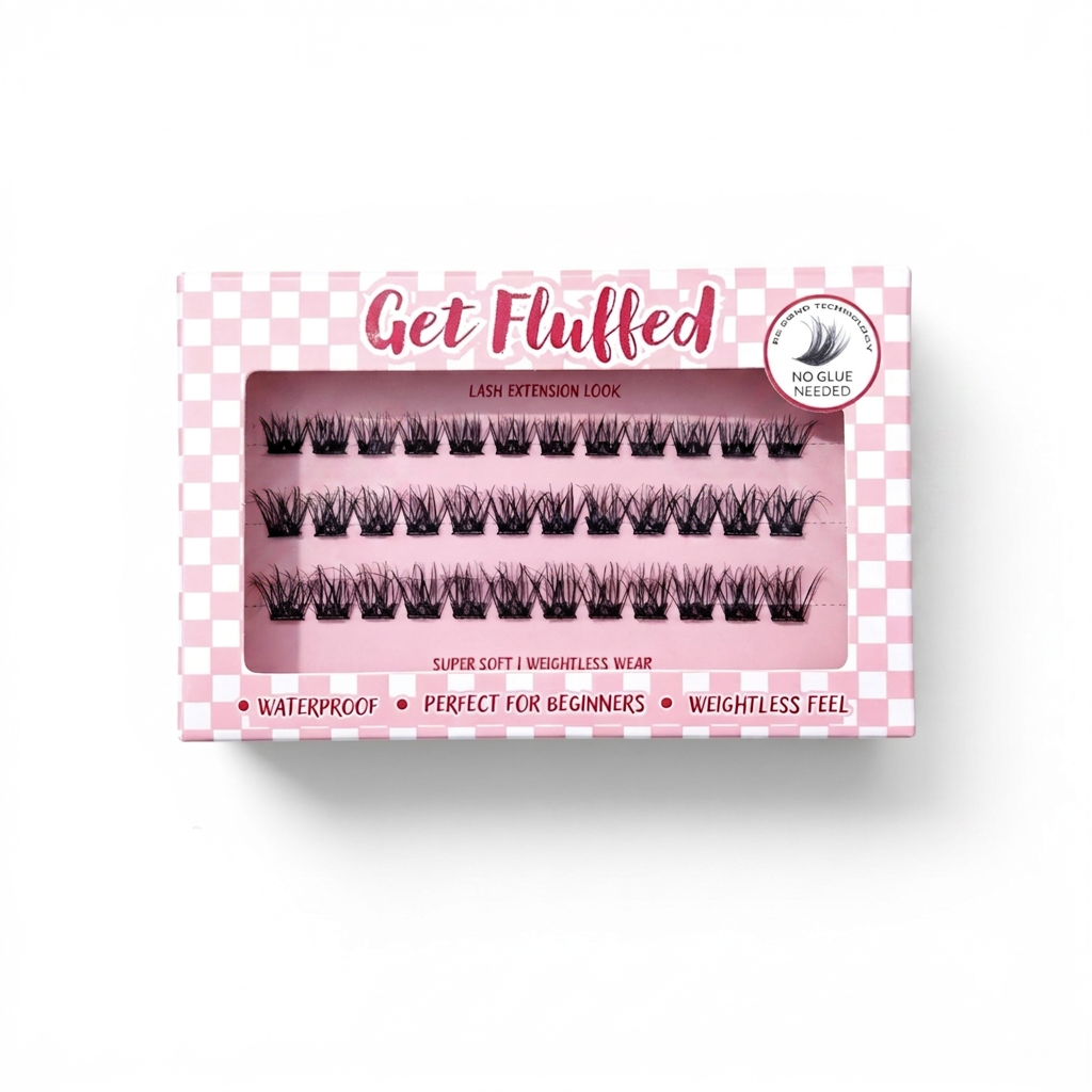 Box of cluster press on eyelashes with 'Get Fluffed' branding on a white background