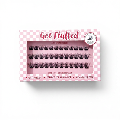 Box of cluster press on eyelashes with 'Get Fluffed' branding on a white background