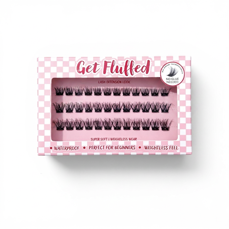 Box of cluster press on eyelashes with 'Get Fluffed' branding on a white background