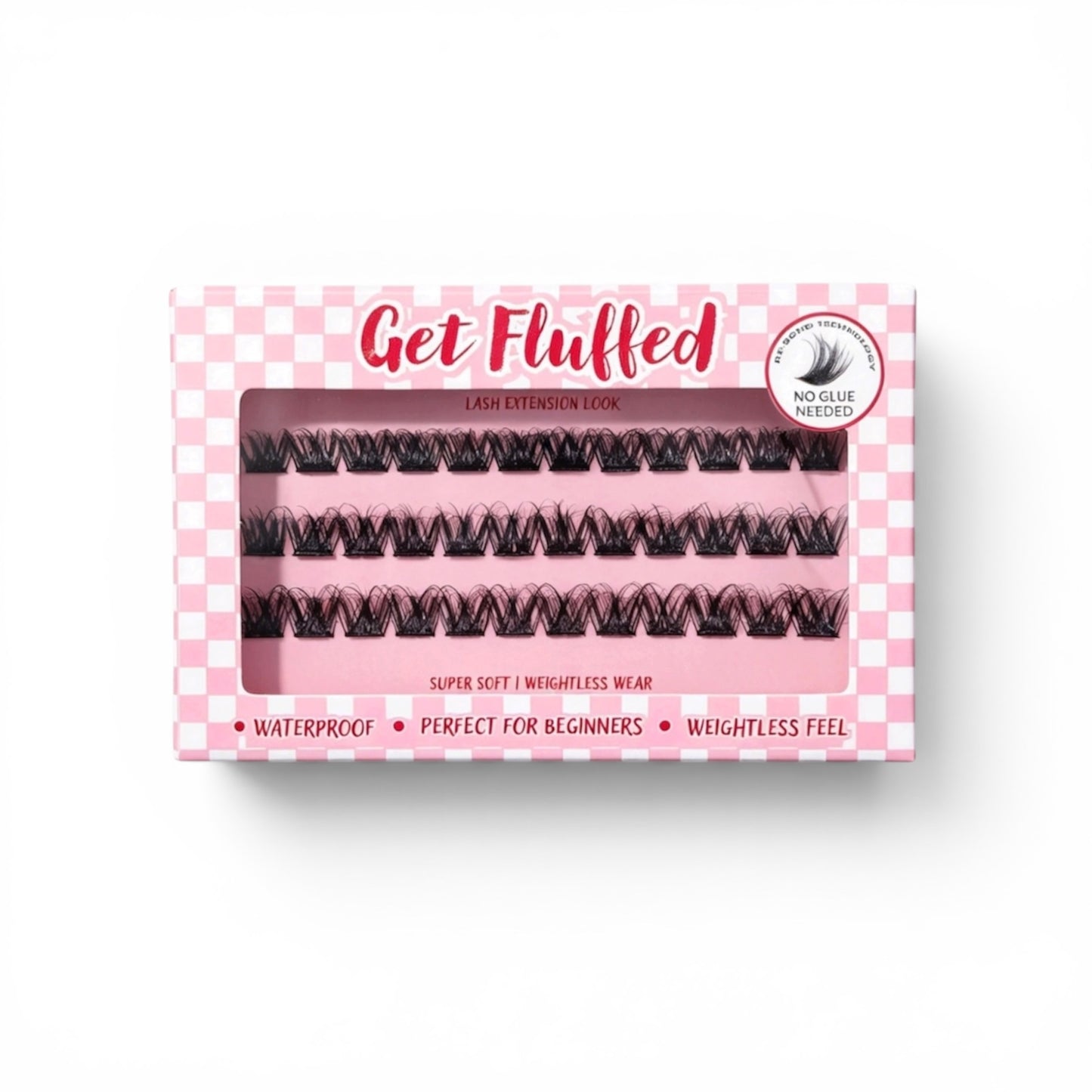 Box of cluster press on eyelashes with 'Get Fluffed' branding on a white background