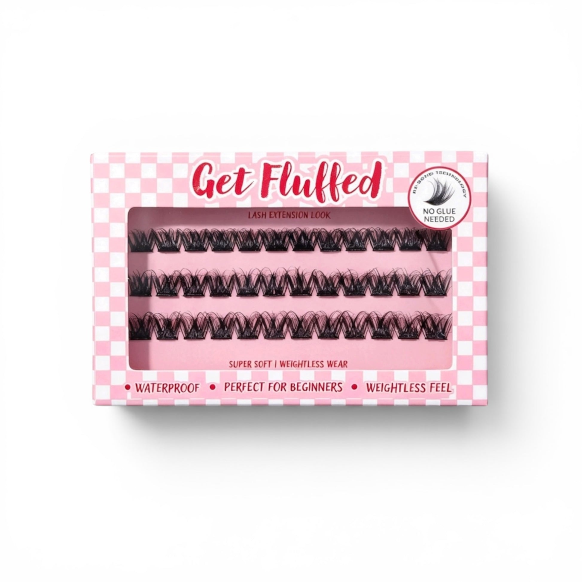 Box of cluster press on eyelashes with 'Get Fluffed' branding on a white background