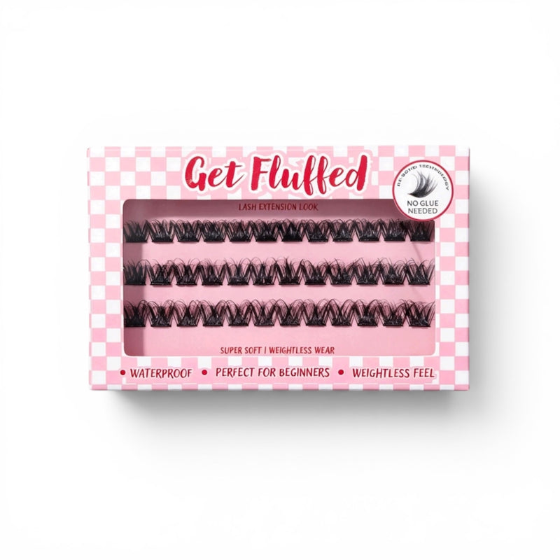 Box of cluster press on eyelashes with 'Get Fluffed' branding on a white background