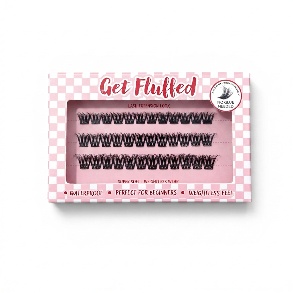 Box of cluster press on eyelashes with 'Get Fluffed' branding on a white background