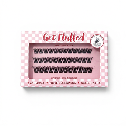 Box of cluster press on eyelashes with 'Get Fluffed' branding on a white background